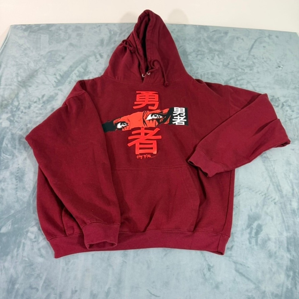 Ring of Fire Mens Maroon Anime Graphic Hoodie Japanese Kanji Sweatshirt Size M